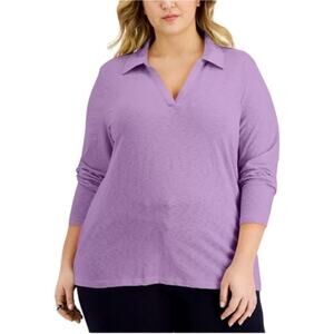 Karen Scott Purple Plus Size V-Neck Polo Top 1X NWT Long Sleeve Stretch Cotton